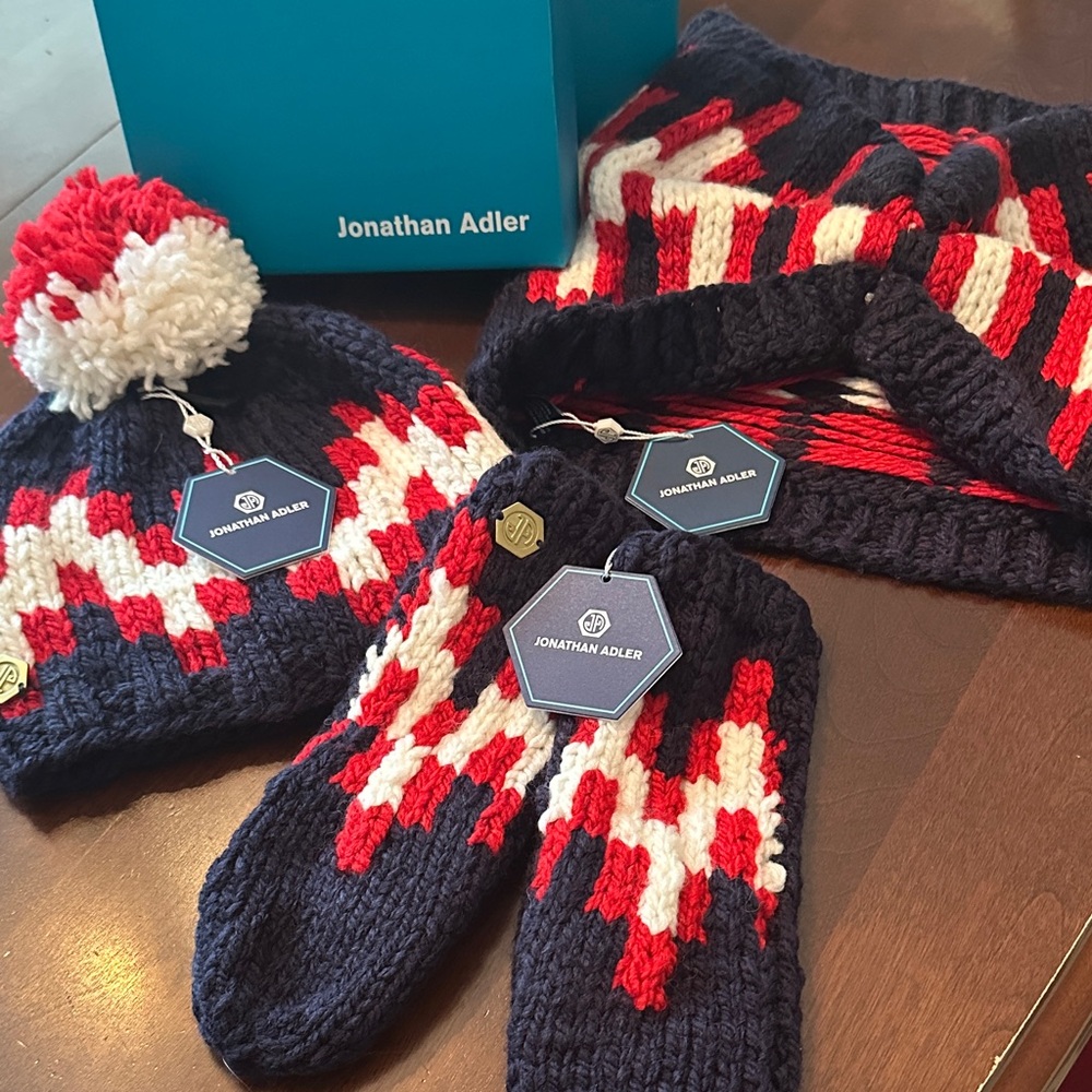 Kids Jonathan Adler Navy and Red Knit hat scarf and mitten set